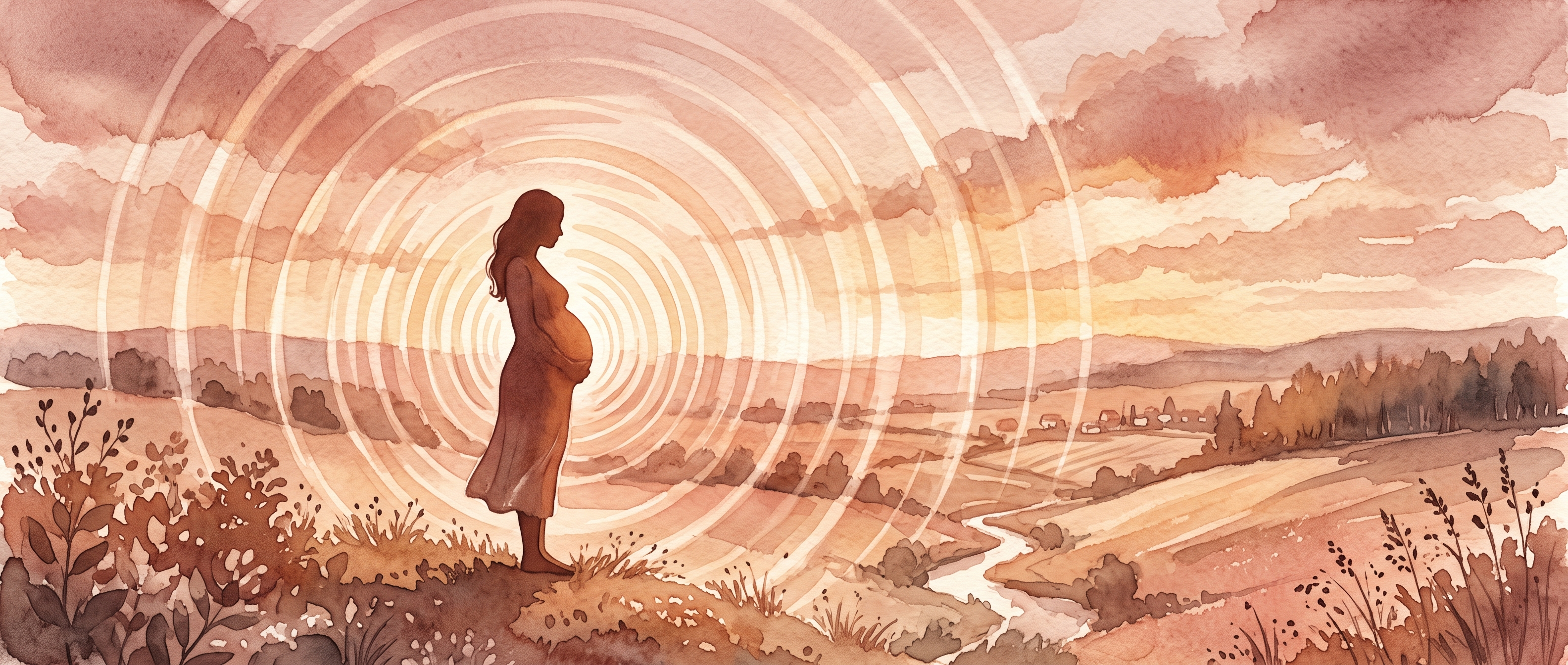 Mãe grávida com ondas sonoras em aquarela